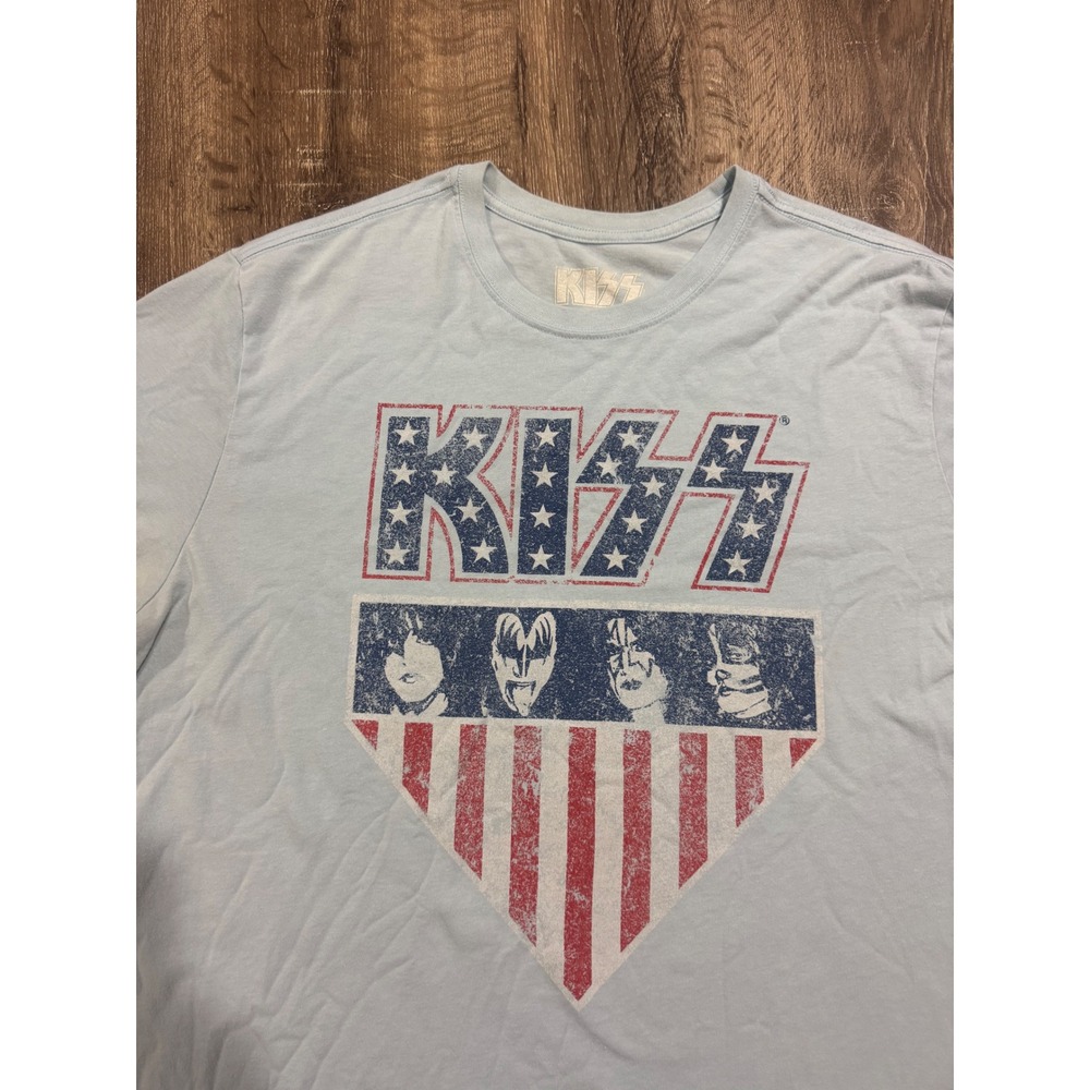 KISS Band Graphic T-Shirt XXL Light Blue Patriotic Stars Stripes Rock Music Tee